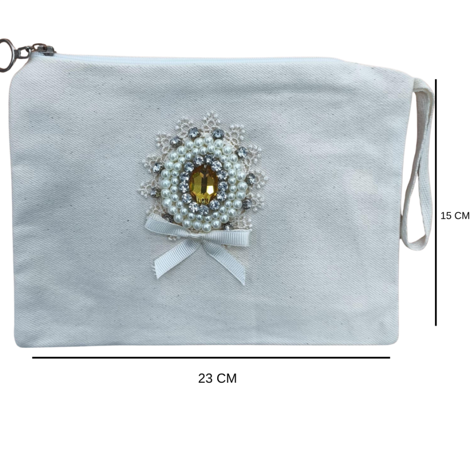 Bej Boncuk İşlemeli Keten Clutch Çanta