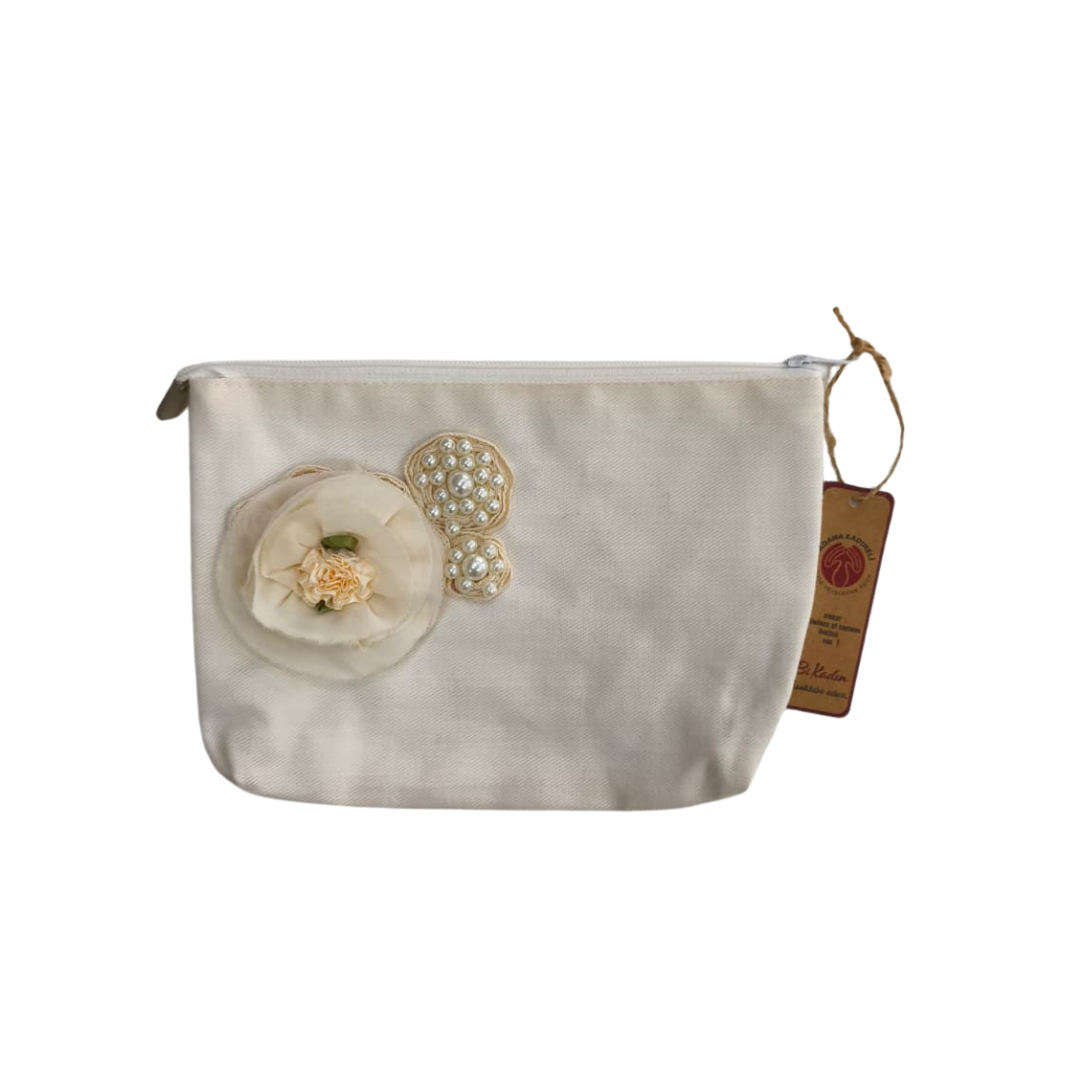 Bej Boncuk İşlemeli Güllü Keten Clutch Çanta