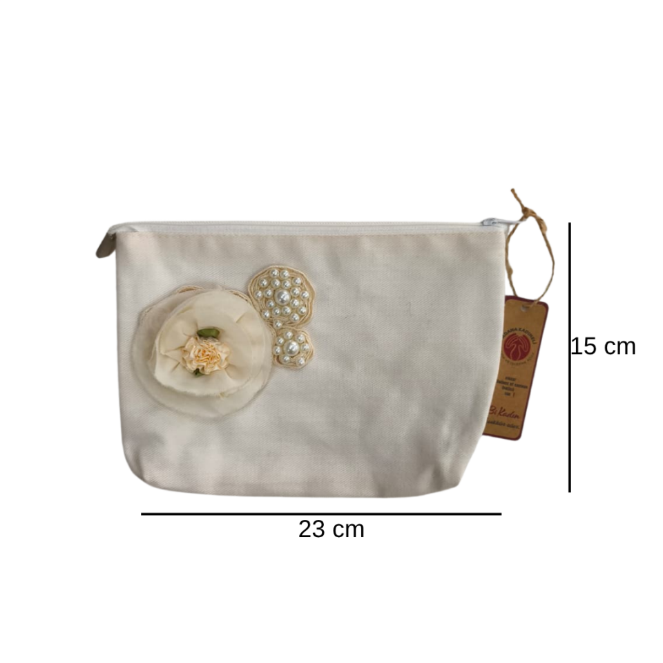 Bej Boncuk İşlemeli Güllü Keten Clutch Çanta